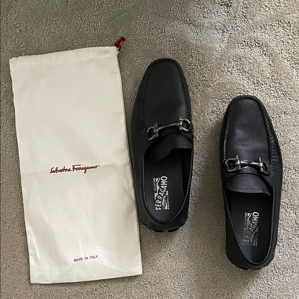 Salvatore Ferragamo Black Leather Slip-On Loafers